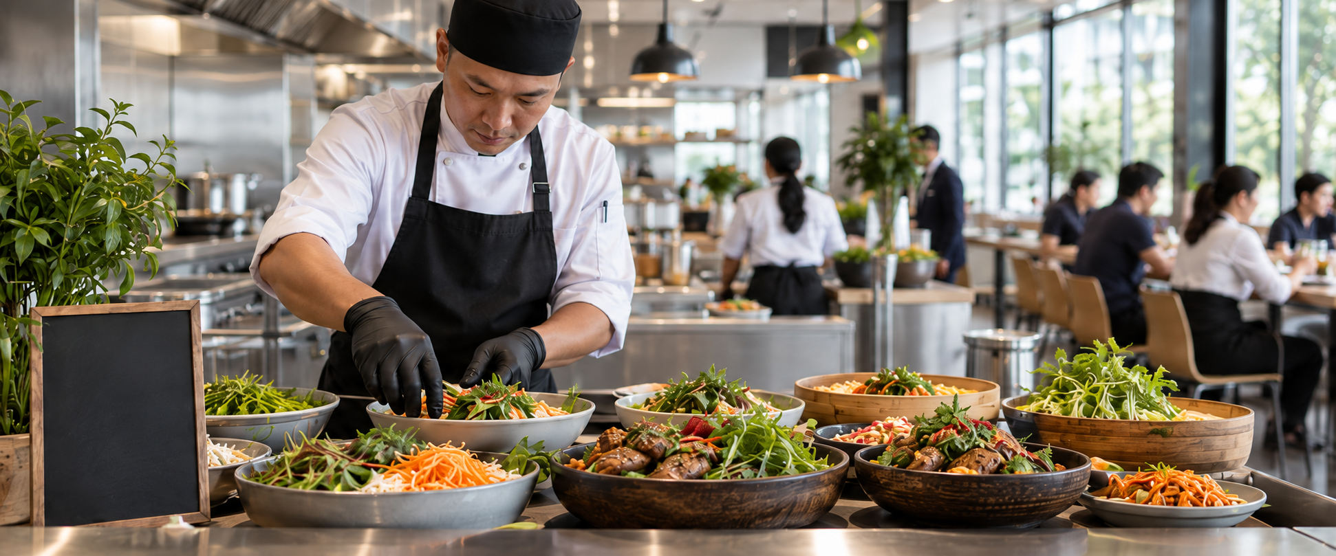 Concept photograph of a chef preparing lunch in a contemporary workplace canteen