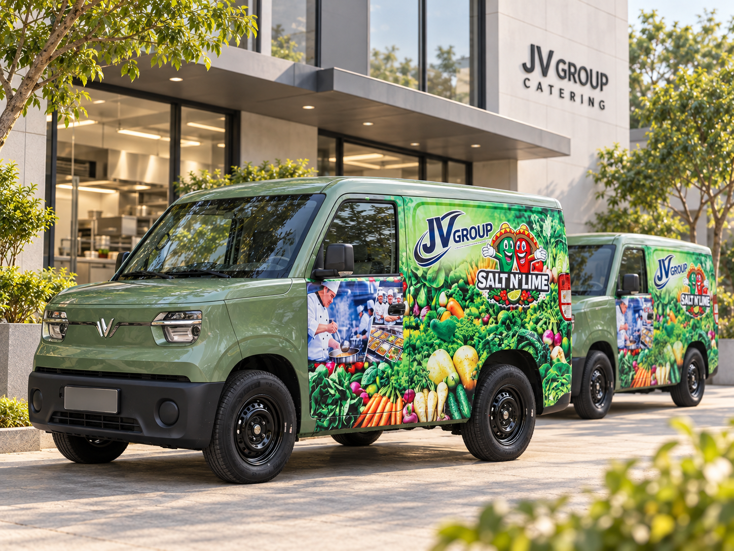 Concept image of green JV Group and Salt N' Lime delivery vans